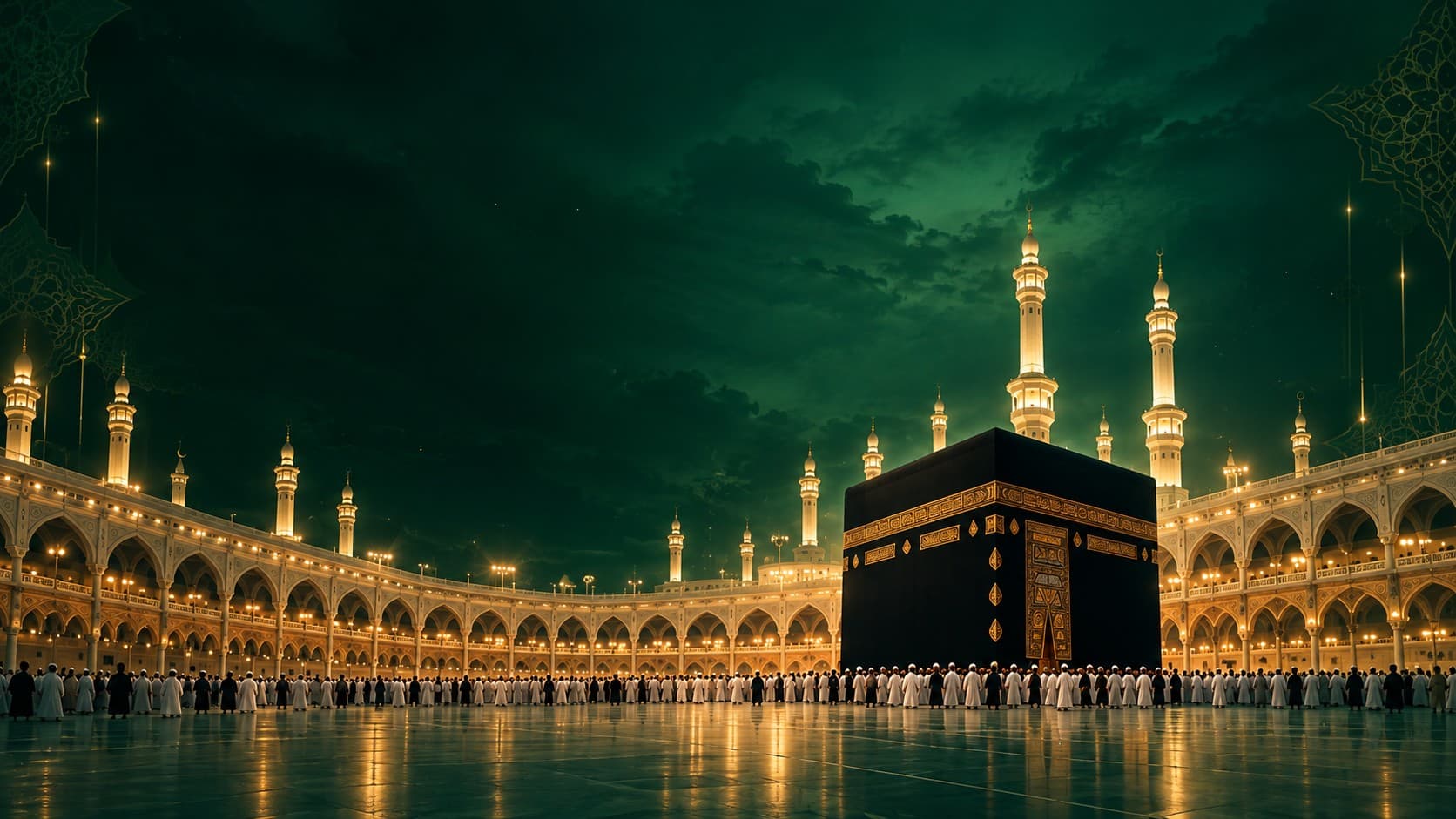 The Kaaba and Masjid al-Haram at night under an emerald sky